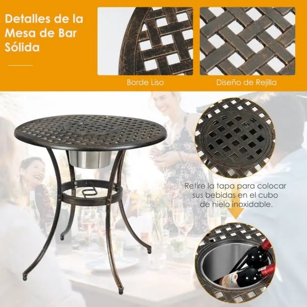 Conjunto de 3 peças de alumínio fundido para mesa de bistrô ao ar livre e 2 cadeiras de bistrô com balde de gelo amovível resistente Bronze