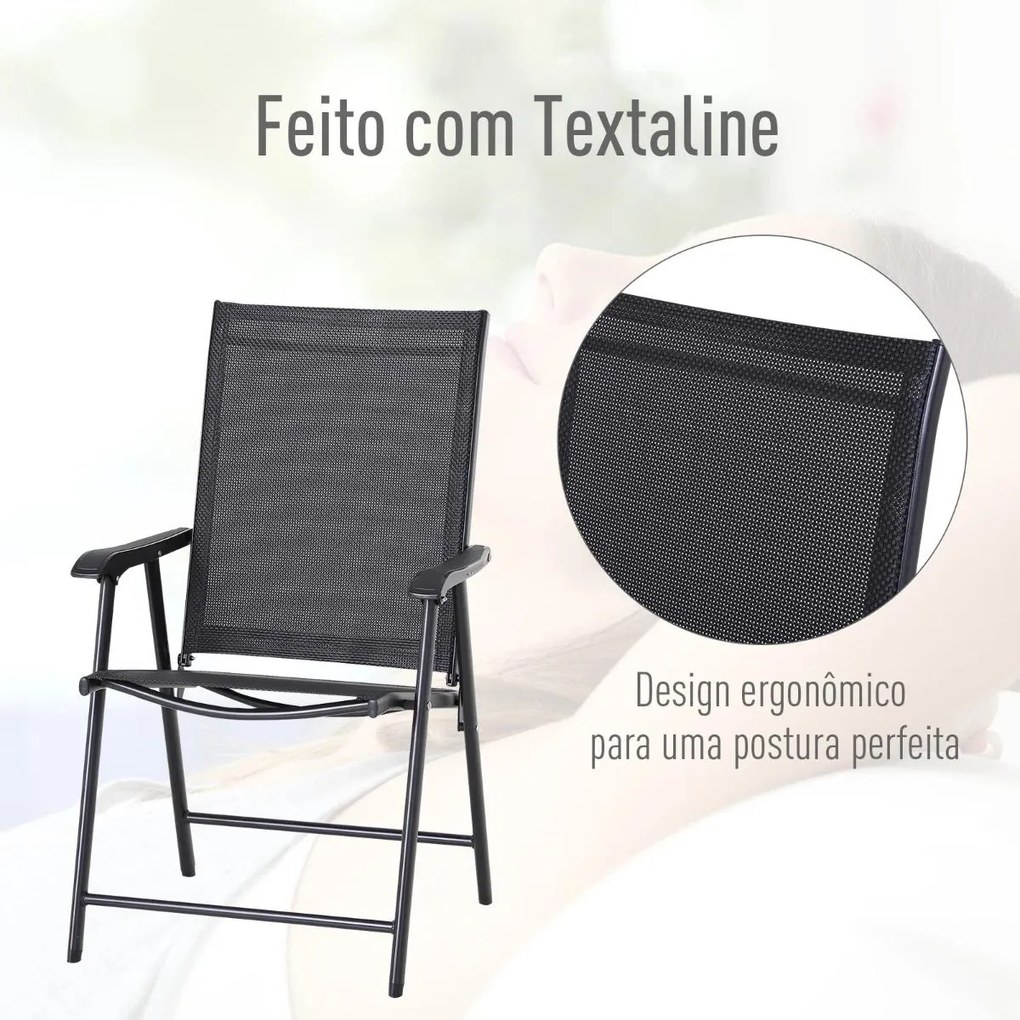 Conjunto de 2 cadeiras dobráveis para exterior com apoio de braços Cadeiras para varanda Jardim Terraço 58x64x94 cm Carga 100kg Preto