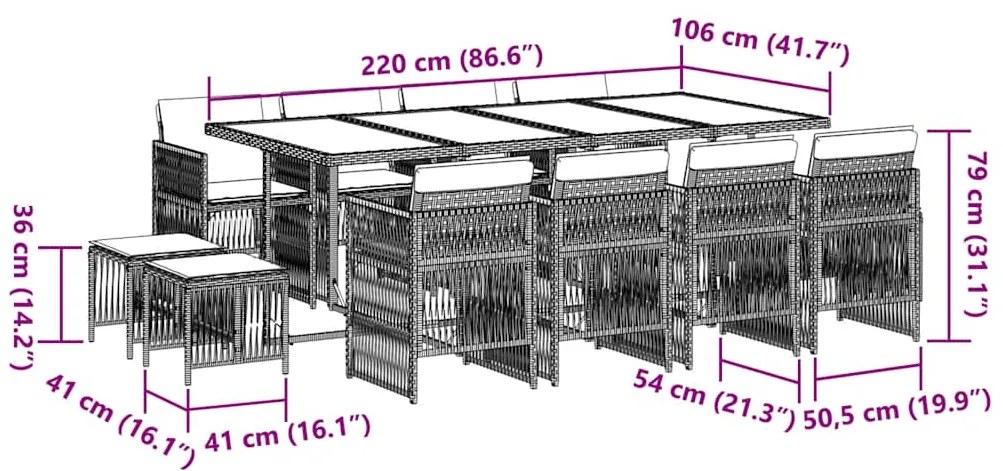 13 pcs conj. jantar jardim c/ almofadões vime PE cinzento-claro