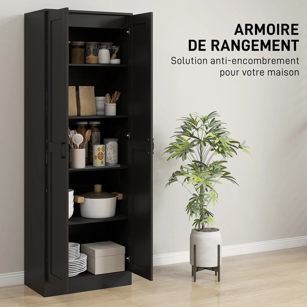 Armário de Arrumação de 2 Portas, 60 x 36,5 x 175 cm, 5 Prateleiras, Preto