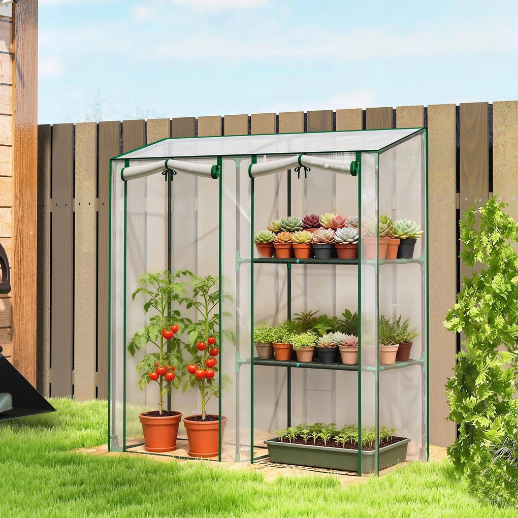 Estufa de jardim com prateleiras de 3 níveis 143 L x 45 P x 151 A cm, pequena estufa em lona de PVC e estrutura de aço, 2 portas de rodas, transparent