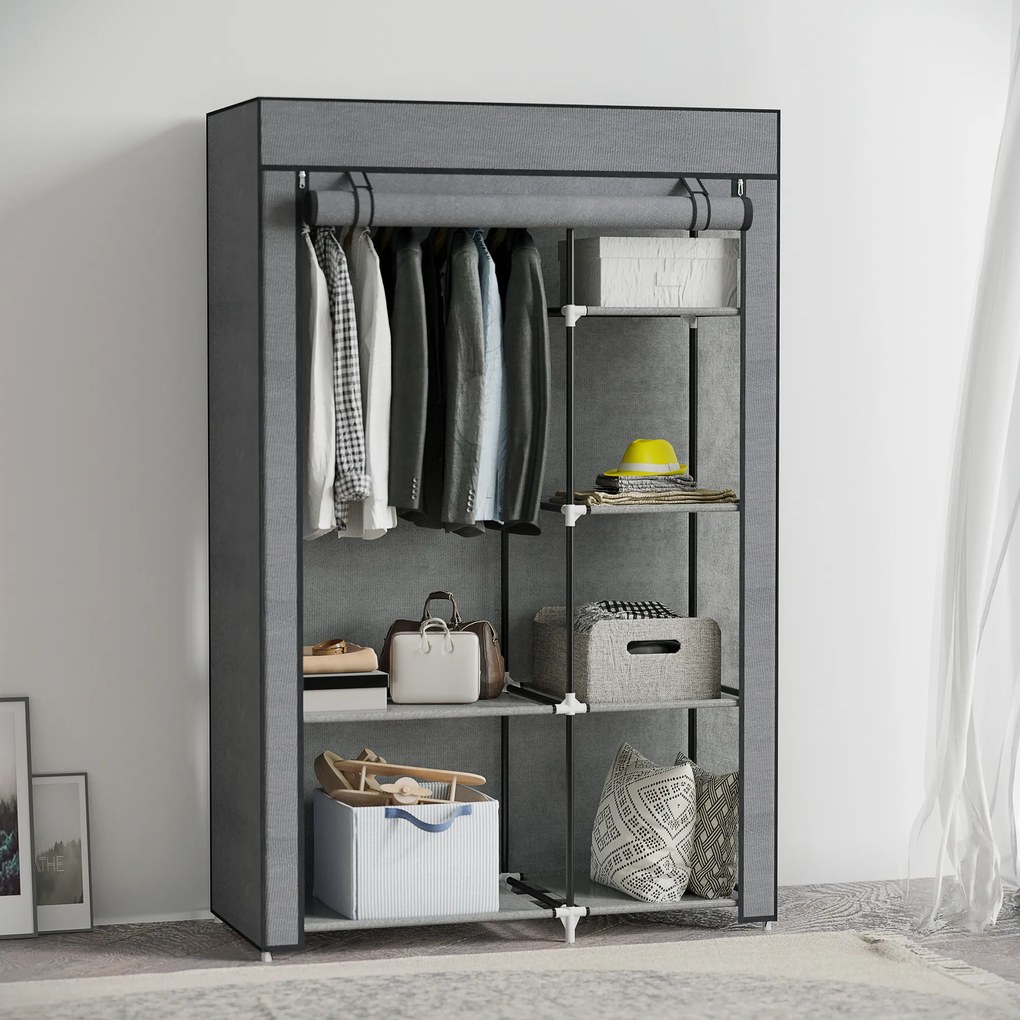 Guarda Roupa de Tecido Dobrável com 6 Prateleiras e 1 Barra de Pendurar para Dormitório Vestidor 103x43x162,5 cm Cinzento