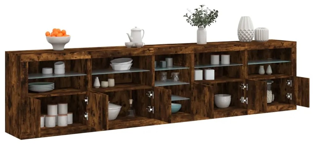 vidaXL Aparador com luzes LED 283x37x67 cm carvalho fumado