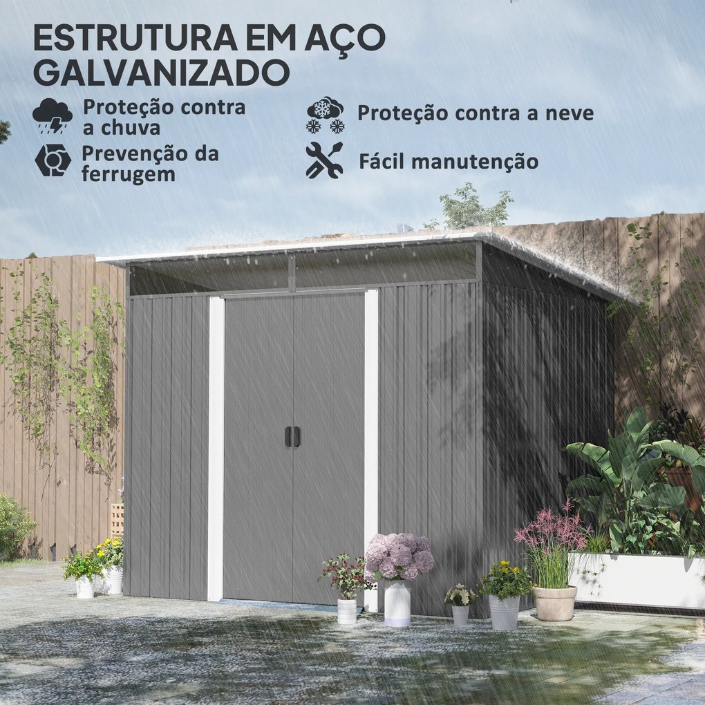 Abrigo de Jardim 4,5 m² 260x194x200 cm Abrigo Exterior Metálico com 2 Portas Deslizantes para Armazenamento de Ferramentas Cinza
