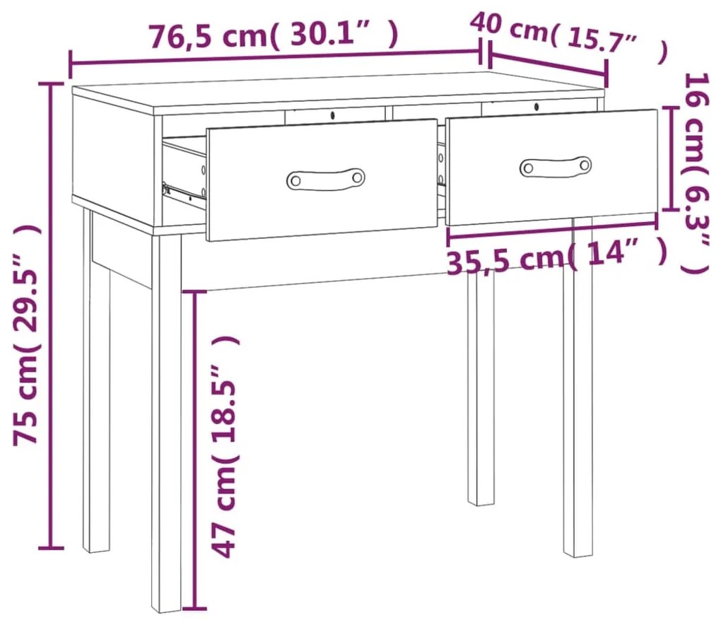 Mesa consola 76,5x40x75 cm pinho maciço branco