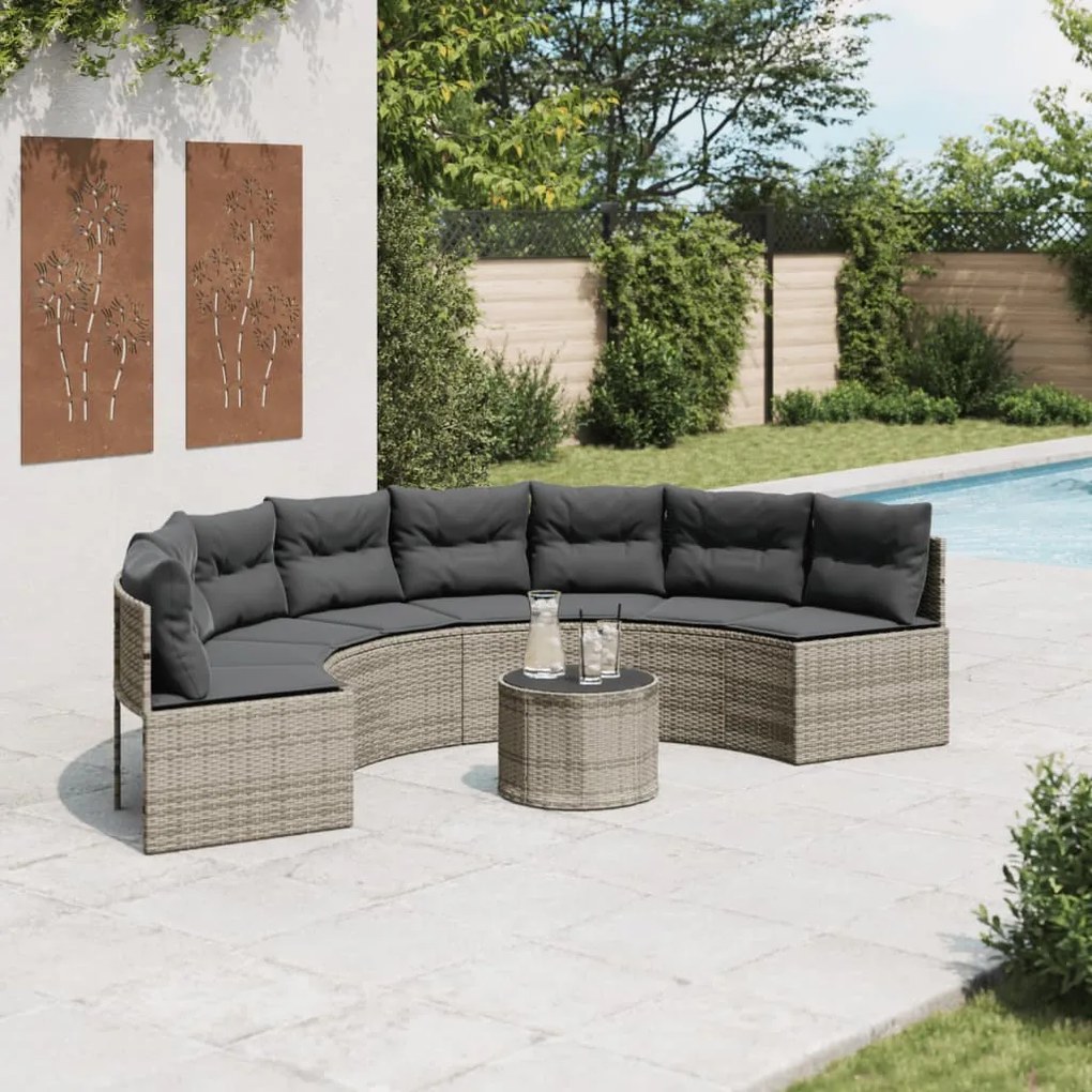 vidaXL Sofá de jardim com mesa e almofadões semicircular vime PE cinza