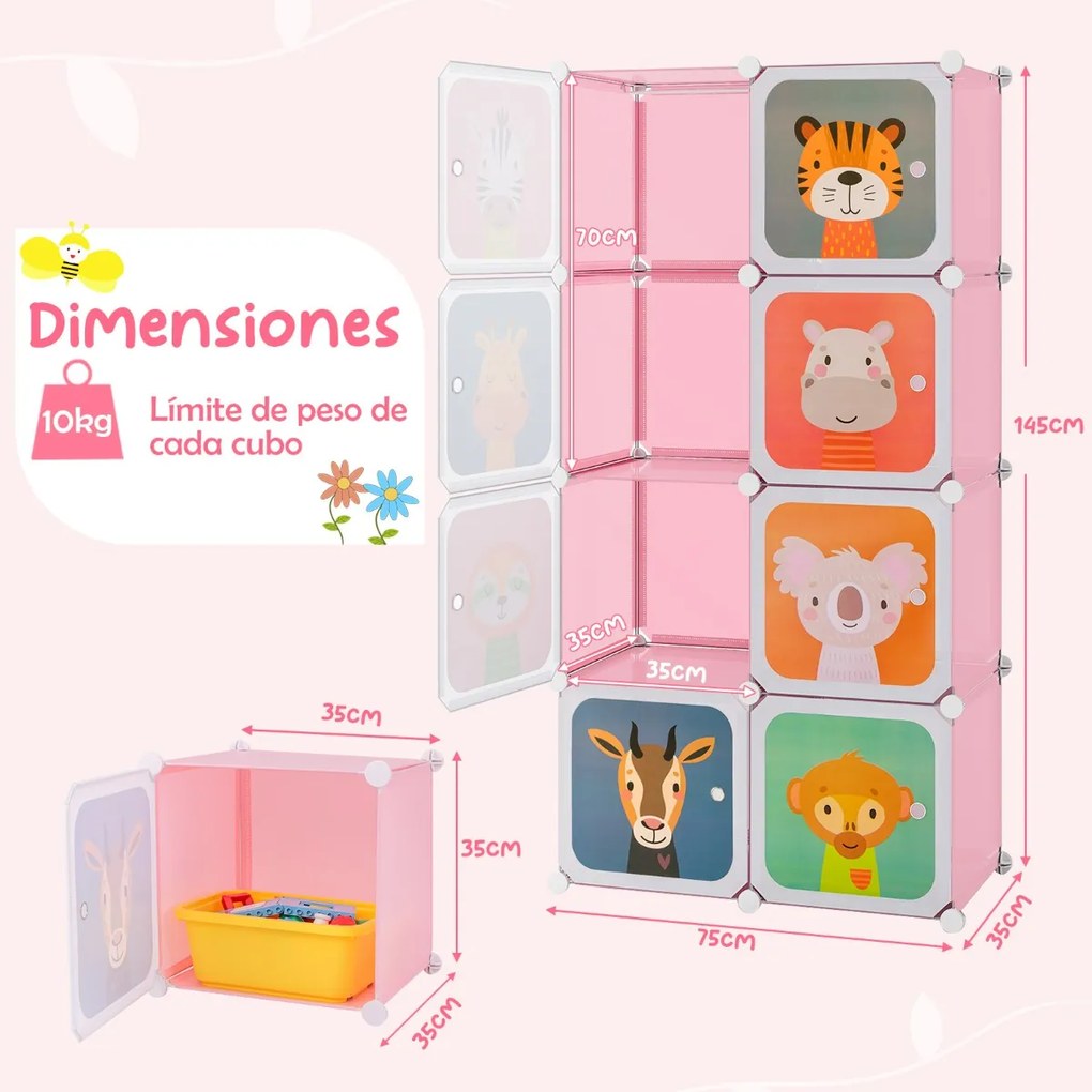 Armário infantil portátil para bebés 75 x 37 x 145 cm Plastico com 8 cubos e secção para pendurar roupas rosa