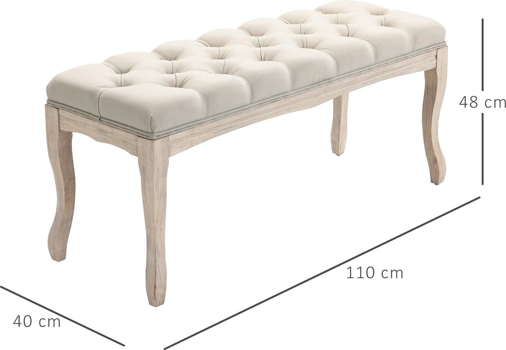 Banco com assento estofado, 110 cm, estofado em linho, com base em madeira de hevea esculpida, linho bege