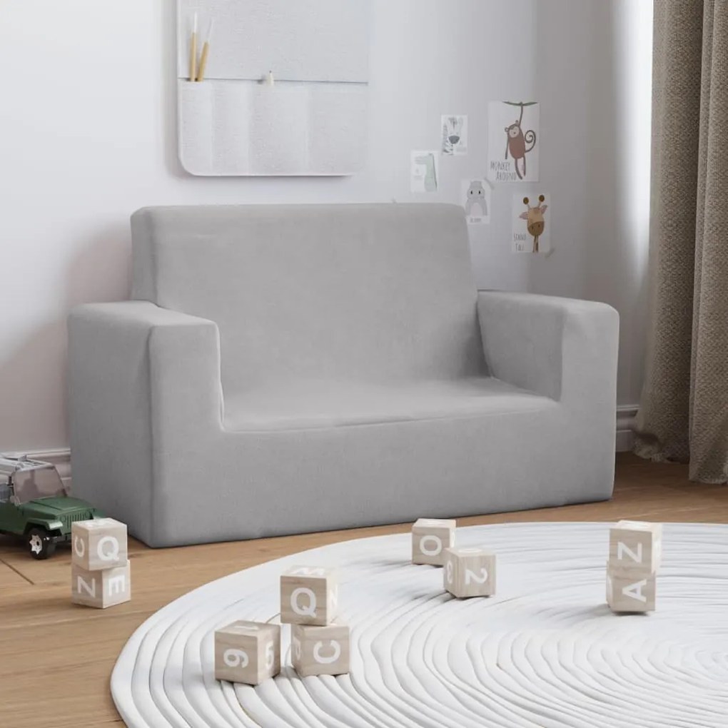 341840 vidaXL Sofá infantil de 2 lugares pelúcia cinzento-claro