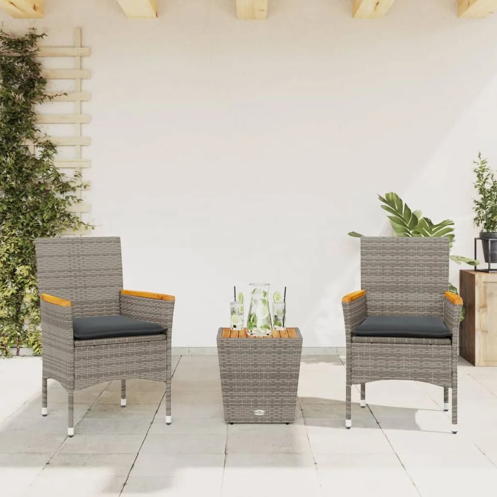 3 pcs conjunto de bistrô com almofadões vime PE/vidro cinza