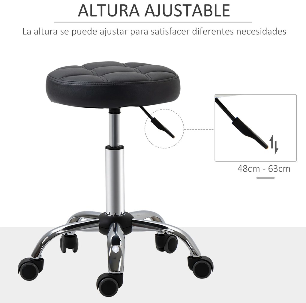 HOMCOM Banco Giratório com Rodas Altura Ajustável entre 48-63cm Banco de Trabalho Estofado em Couro PU para Salão Dentista Diâmetro Ø35,5cm Preto