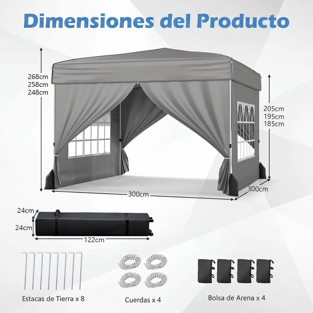 Tenda Dobrável de Exterior feiras, eventos, festas, 300 x 300 x 250-268 cm, 4 Paredes Removíveis e 4 sacos areia Cinzento