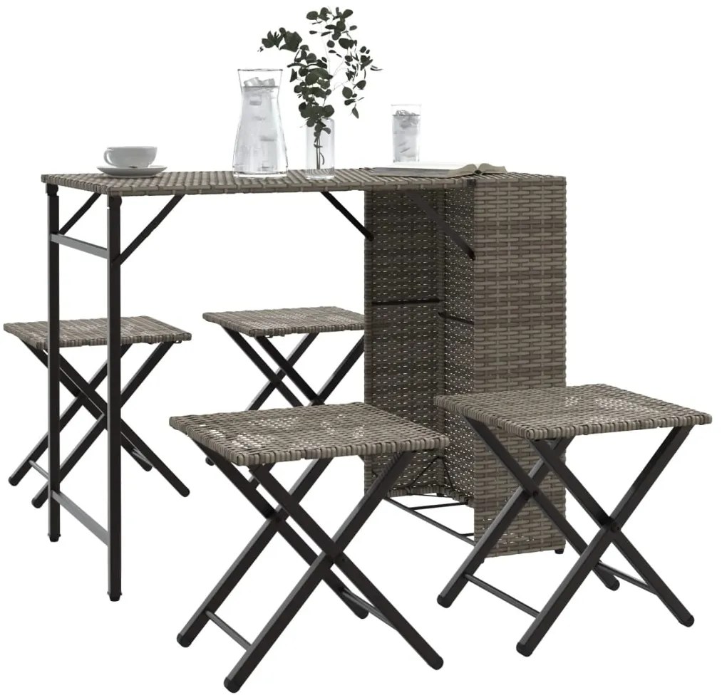 5 pcs conjunto de jantar para jardim dobrável vime PE cinzento