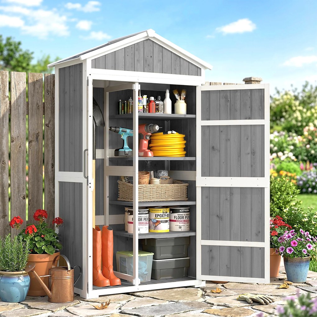Armário de jardim - Abrigo de jardim impermeável com telhado metálico e porta dupla para ferramentas de jardinagem 105 x 55 x 179 cm - Cinza