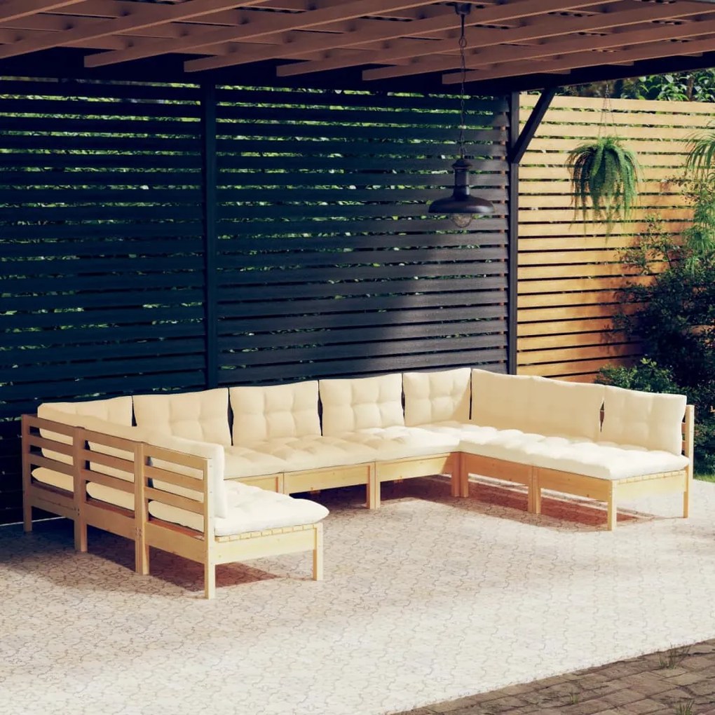vidaXL 9 pcs conjunto lounge jardim c/ almofadões creme pinho maciço