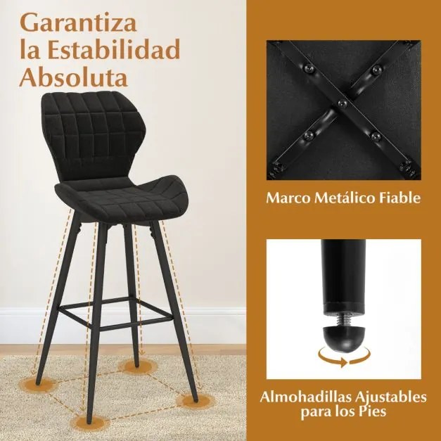 Conjunto de 2 bancos de bar estofados em metal com encosto e apoio para os pés com padrão de diamante para cozinha e sala de jantar Carga 150kg Preto