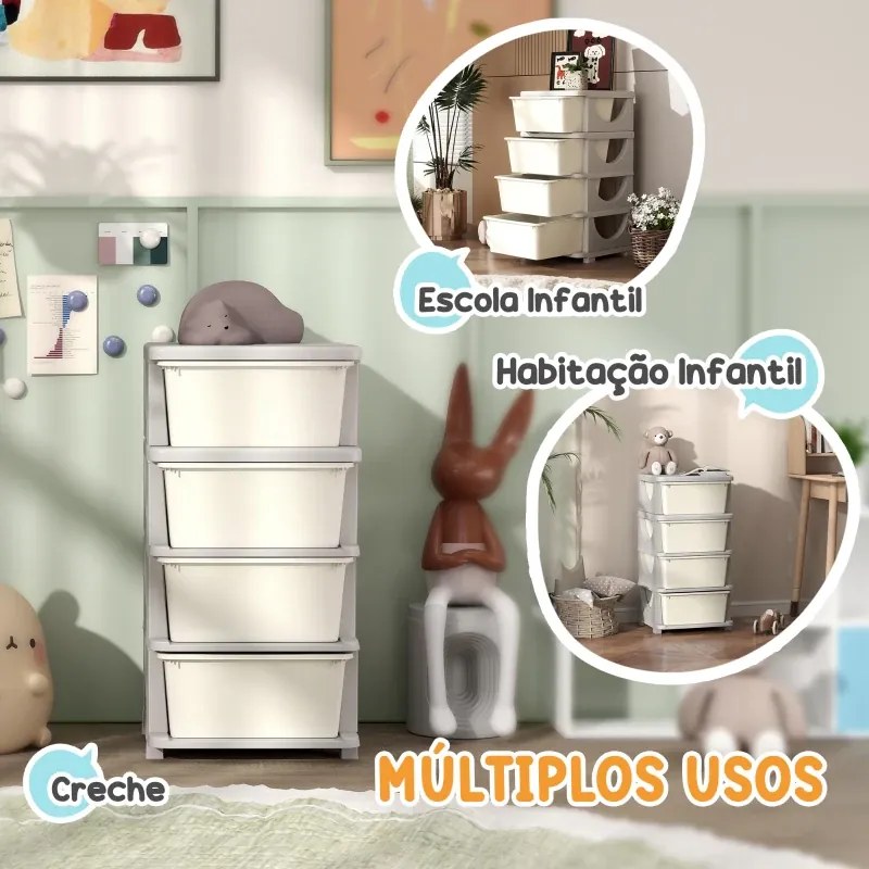 Organizador de Brinquedos 37x37x76 cm com 4 Gavetas Torre de Arrumação para Crianças +3 Anos Cantos Arredondados e Pegas  Creme