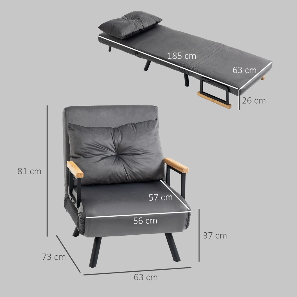 Poltrona Convertível em Cama Poltrona 3 em 1 Convertível em Cama com Encosto Ajustável em 5 Níveis 63x73x81 cm Cinza