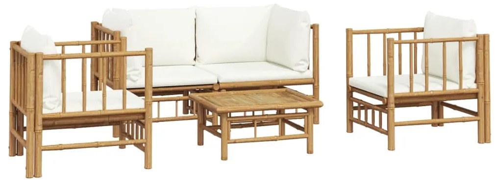 5 pcs conjunto lounge de jardim bambu c/ almofadões branco nata