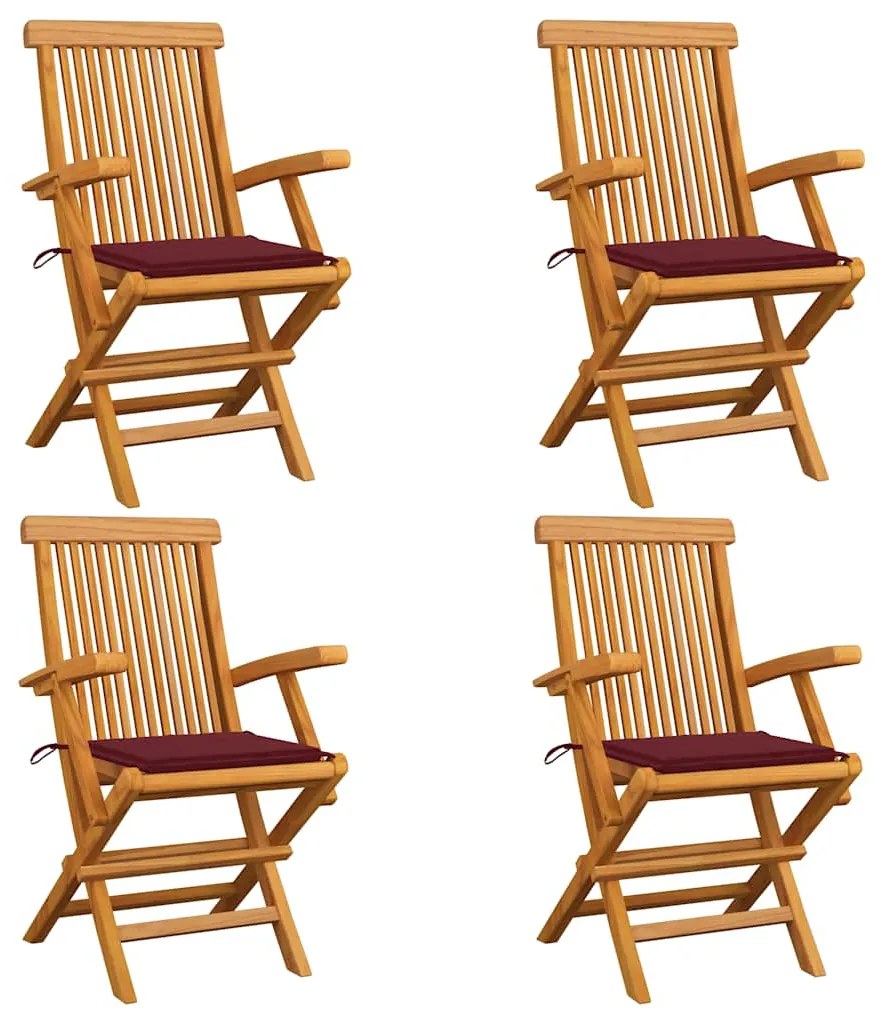 Cadeiras jardim c/ almofadões vermelho tinto 4 pcs teca maciça