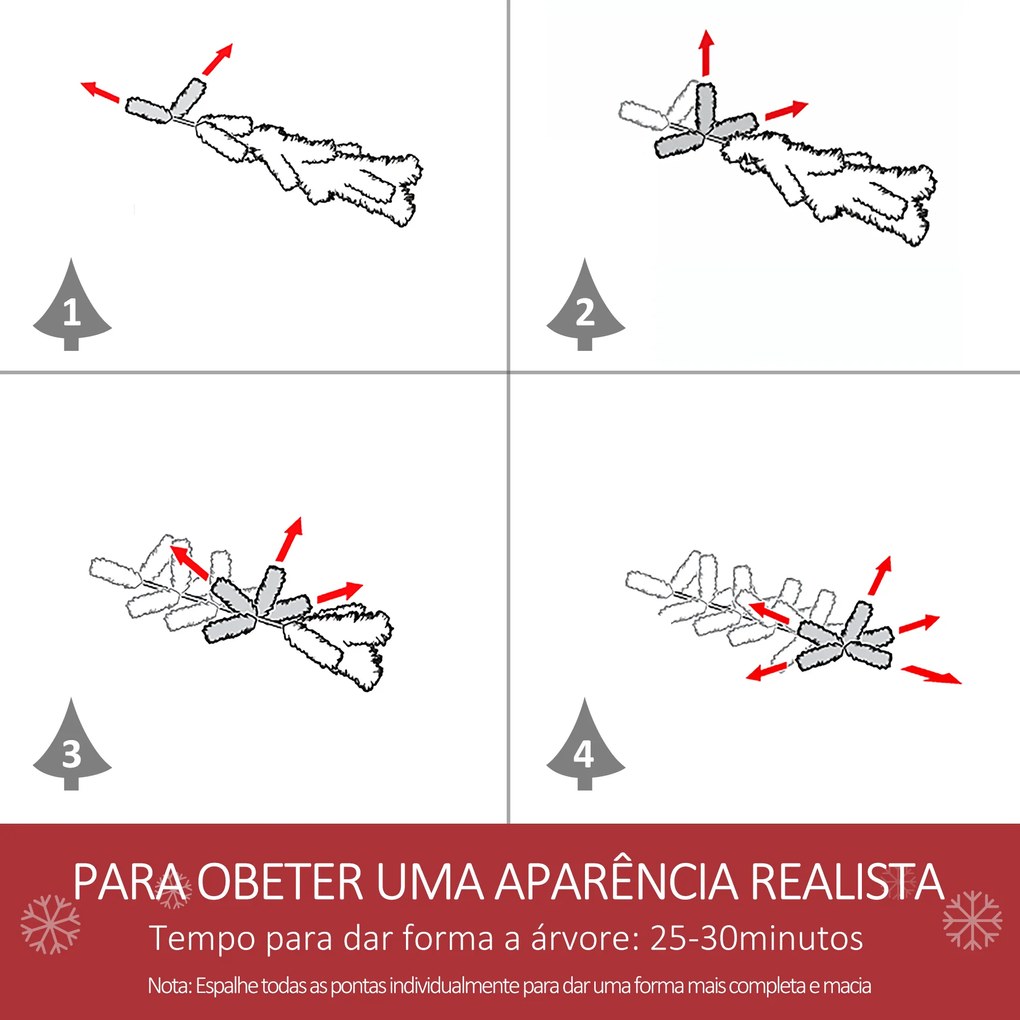 Árvore de Natal Artificial 180cm com Neve Ignífugo com 750 Ramos Folhas de PVC Abertura Automática Base Dobrável e Suporte Metálico Decoração de Natal