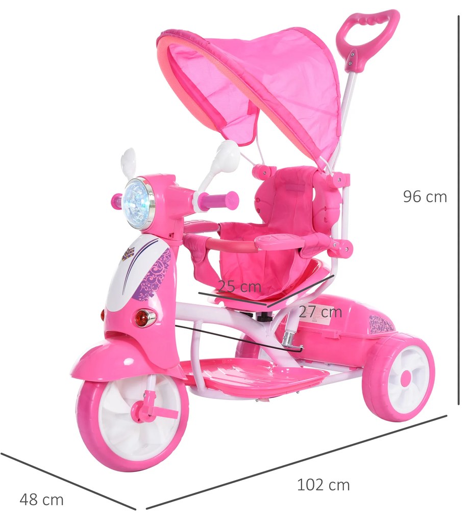 HOMCOM Triciclo para crianças acima de 3 anos Triciclo evolutivo dobrável com funções de luz e música Toldo Forma DE Motocicleta 102x48x96 cm Rosa