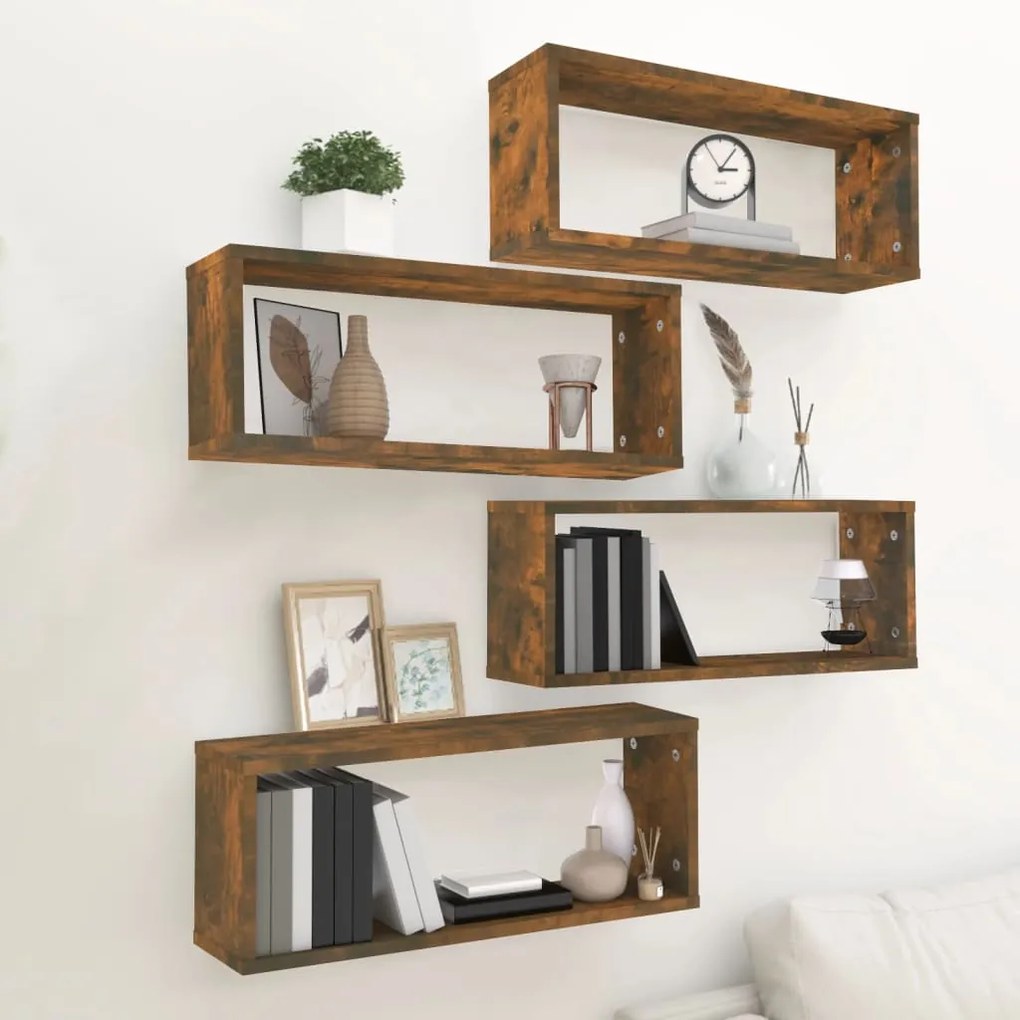 815925 vidaXL Prateleiras parede 4 pcs madeira processada 60x15x23 cm fumado
