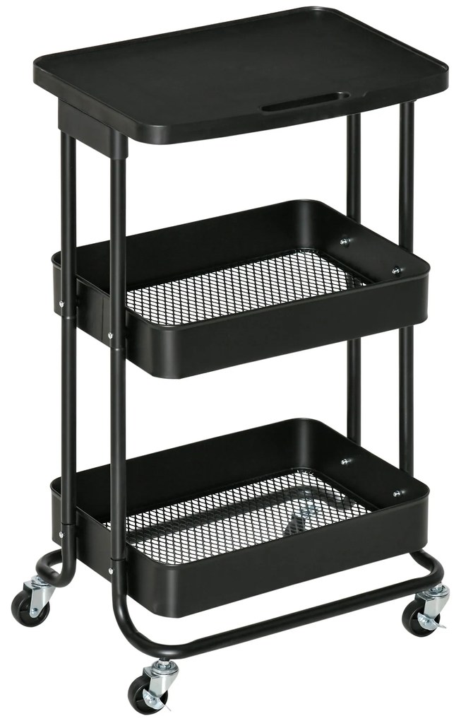 HOMCOM Carrinho de Cozinha com Rodas Carrinho de Armazenamento de 3 Níveis e Rodas com Freio para Sala de Estar Dormitório Escritório 46x34,5x76,5cm Preto