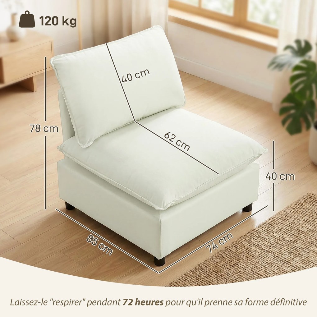 Poltrona de sala 146 x 85 x 78 cm moderno sem braços, com assento largo e almofadas grossas, creme