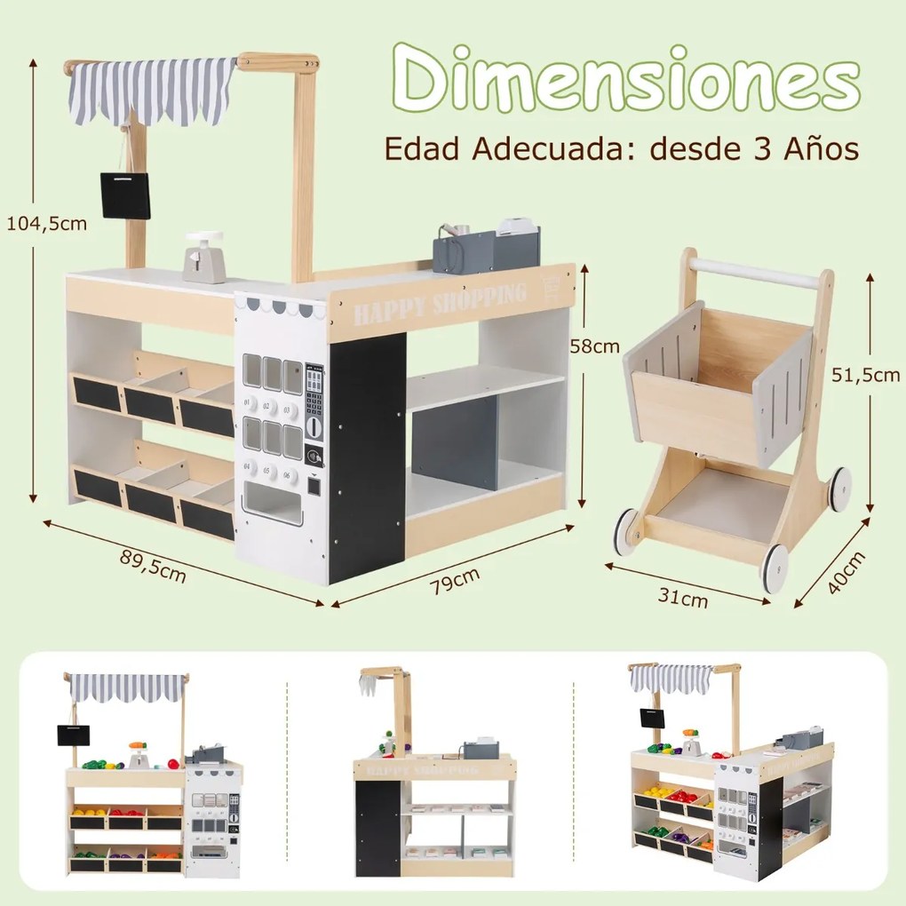 Conjunto de supermercado para crianças de madeira com carrinho, máquina de venda automática, caixa registradora, estantes e comidas de brincar cinza
