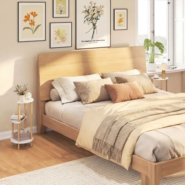 Conjunto de 2 mesas apoio redondas de bambu com 3 níveis e prateleiras de arrumação, para colocar na sala e no quarto, Branco + natural