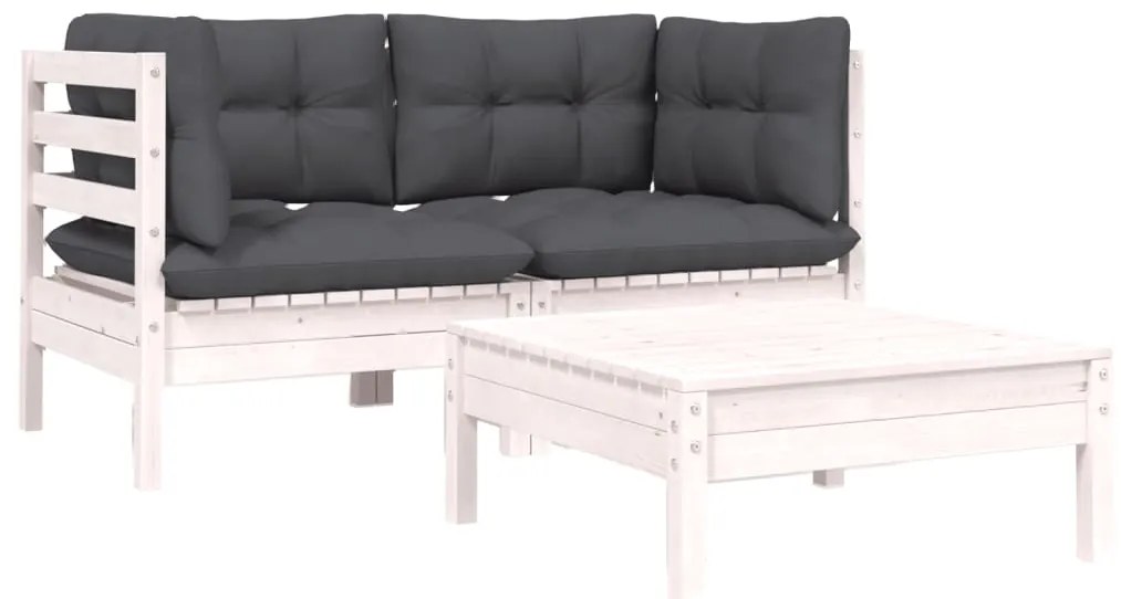 3 pcs conjunto lounge jardim c/ almofadões pinho maciço branco