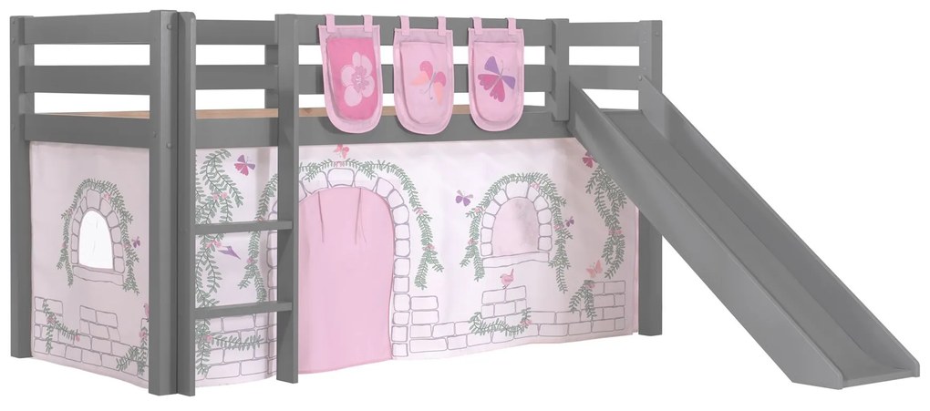 Conjunto Cama alta de Criança PINO 90 x 200 cm + estrado + escada + escorrega + cortina + bolsas de arrumação Passaros Cinzenta