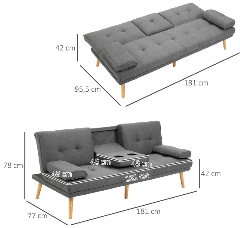 Sofá Cama Moothy com Porta-Copos - Cinzento - Design Moderno