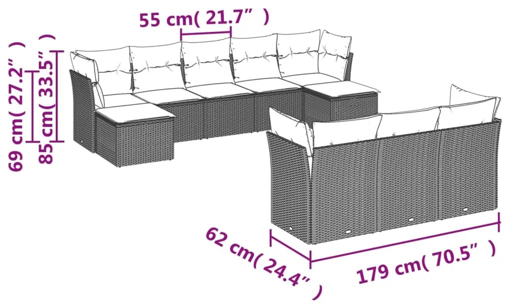 10 pcs conj. sofás jardim com almofadões vime PE cinzento-claro