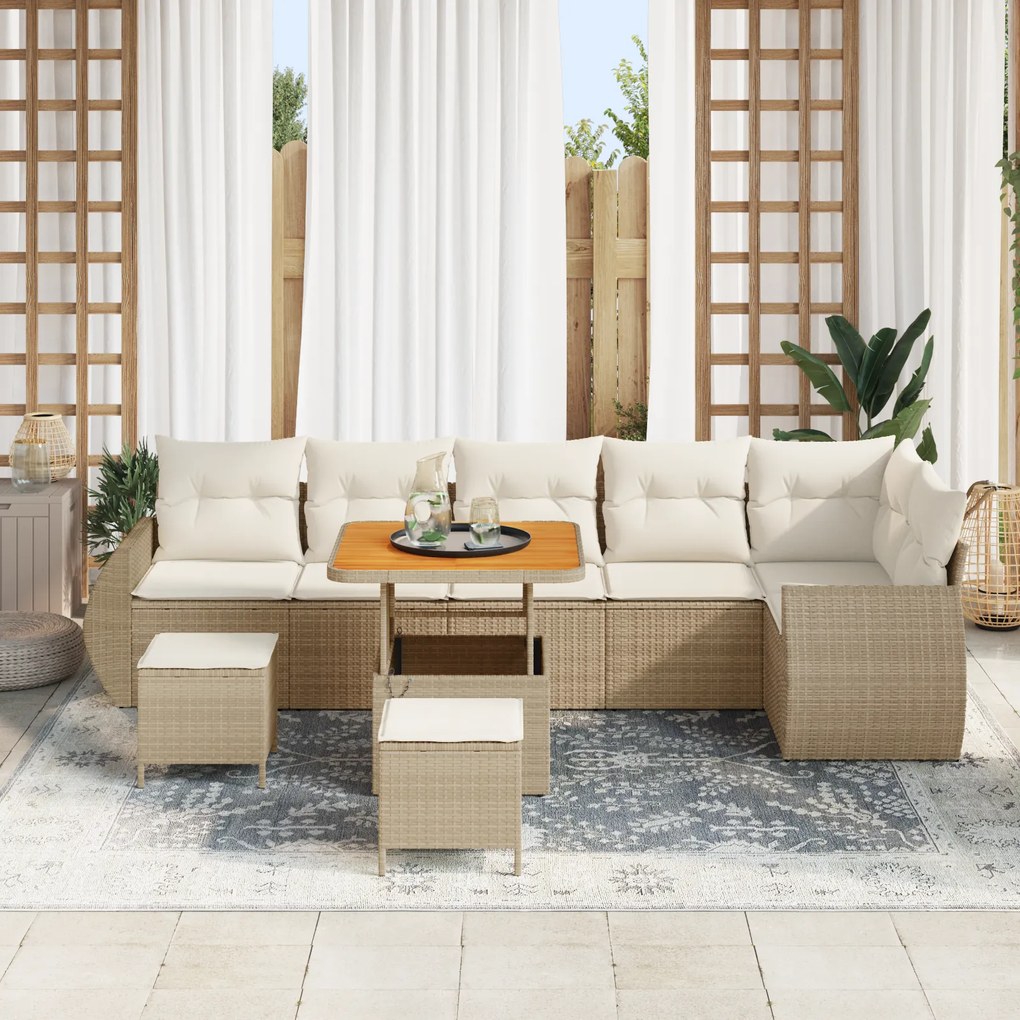 Conjunto de Sofá de Jardim de 9 Peças com Almofadas Bege Rattan Polipr