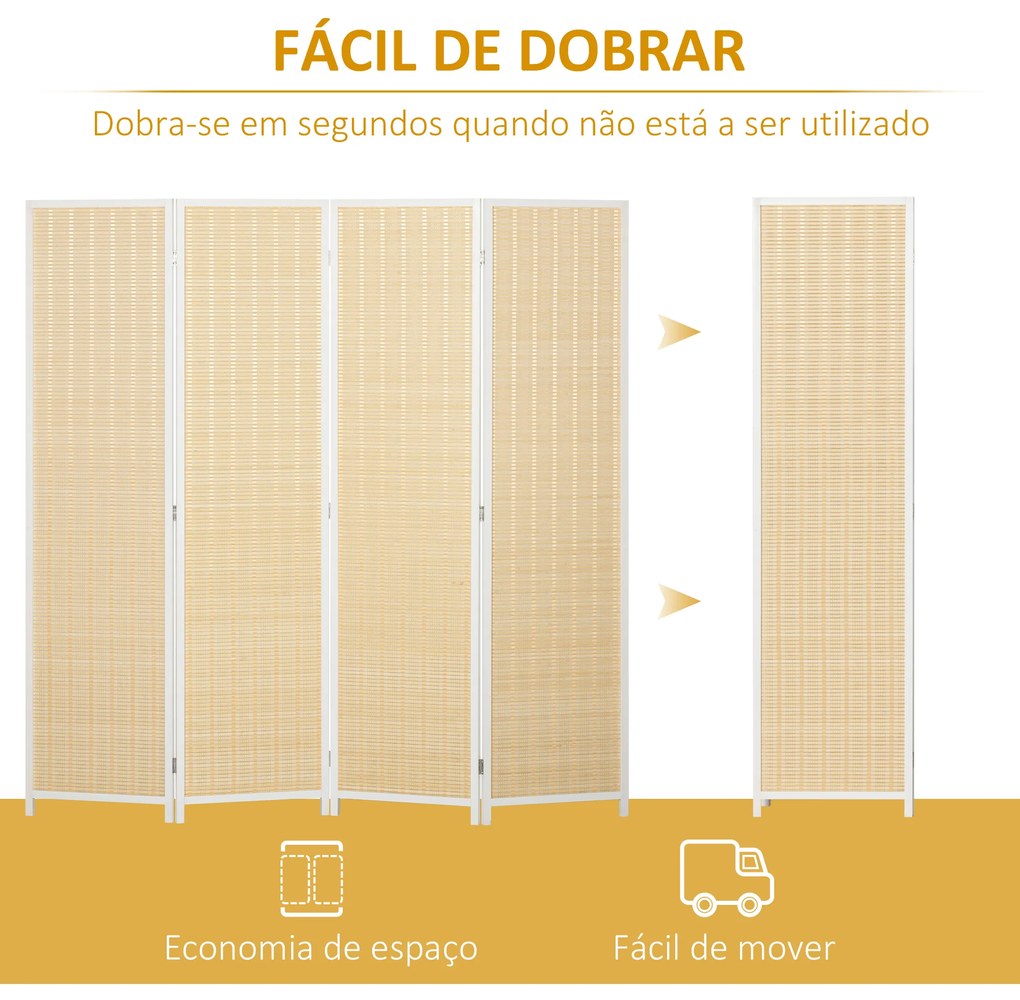 Biombo de 4 Painéis Dobrável Separador de Ambientes Tecido a Mão de Bambu e Fio de Algodão 180x180 cm Branco