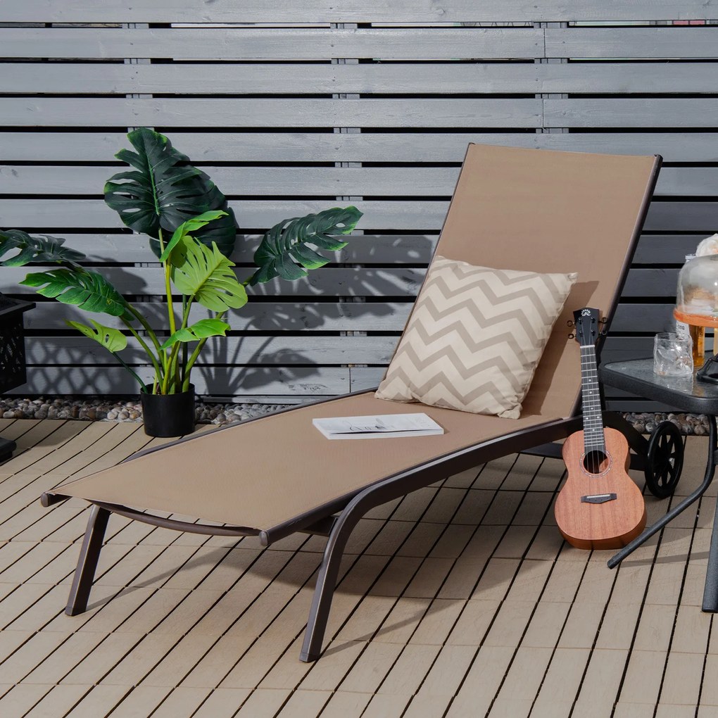 Conjunto de 2 espreguiçadeiras com rodas, tecido de secagem rápida e encosto reclinável em 6 posições, para exterior, piscina, pátio e jardim, castanh