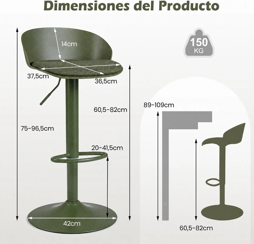 Conjunto de 2 Bancos de Bar Giratórios, 42 x 42 x 75-96,5 cm, Altura Regulável, Verde