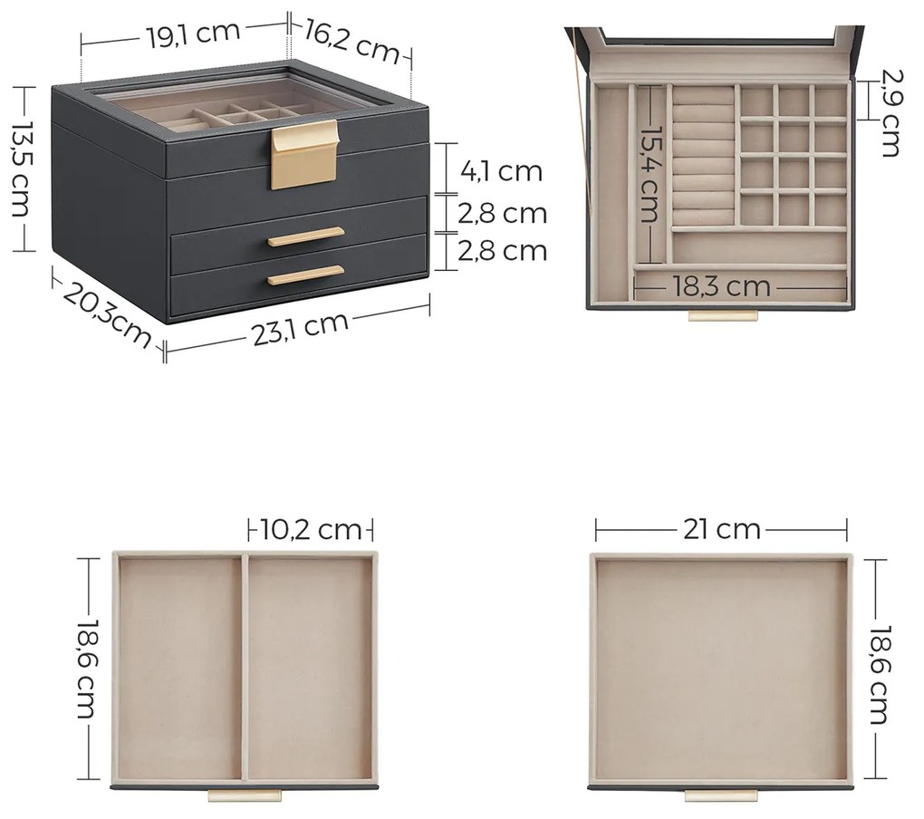 Caixa de jóias com 3 níveis 20,3 x 23,1 x 13,5 cm cinzento + dourado
