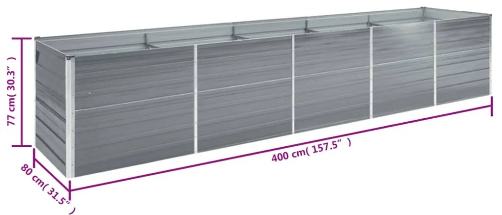 Canteiro elevado de jardim 400x80x77cm aço galvanizado cinzento