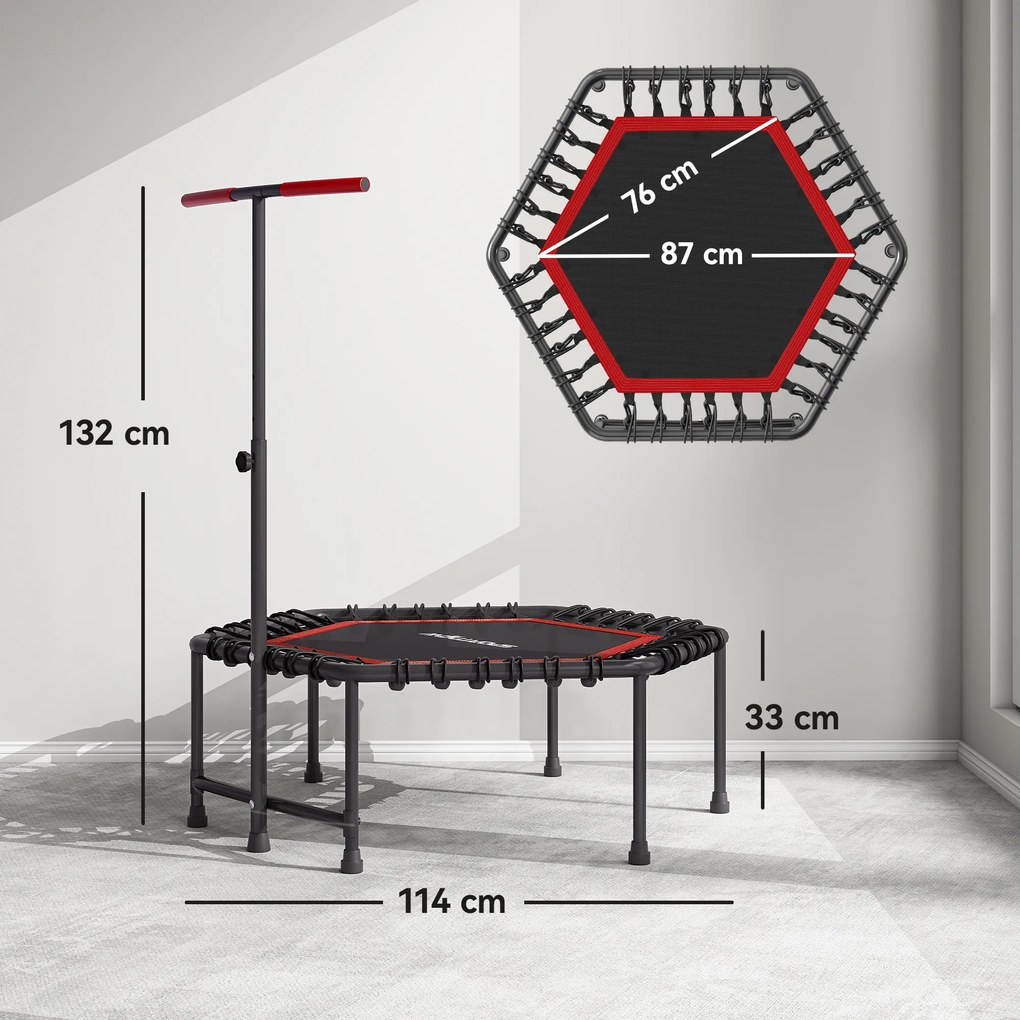 Trampolim Fitness 114x114x132 cm com Guiador Ajustável em 3 Níveis Estrutura de Aço para Treino de Perna Corpo Vermelho