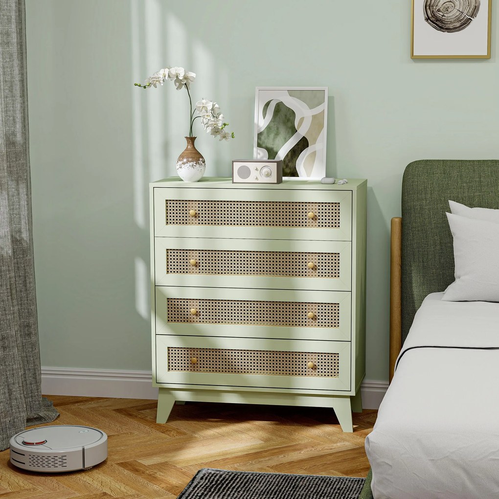 Cómoda com 4 gavetas 80 x 35 x 95 cm, móvel de arrumação em vime com efeito de madeira clara, verde
