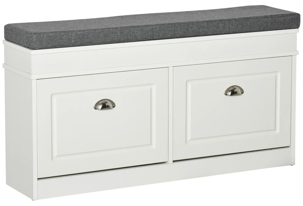 HOMCOM Banco Sapateiro com Armazenamento para 8 Pares de Sapatos com 2 Gavetas Prateleiras Ajustáveis e Almofada Acolchoada para Entrada Corredor 104x24x55cm Branco