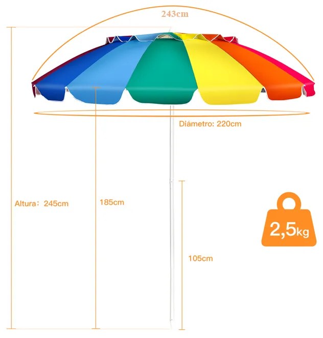 Guarda-sol de praia ajustável 2,2 x 2,45 m com proteção solar UPF50+ Inclinável Multicolorido