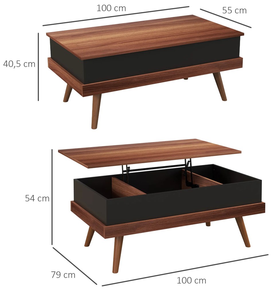 Mesa de Centro Elevatória com 3 Compartimentos de Armazenamento Ocultos e Pés de Madeira 100x79x54 cm Castanha e Preto