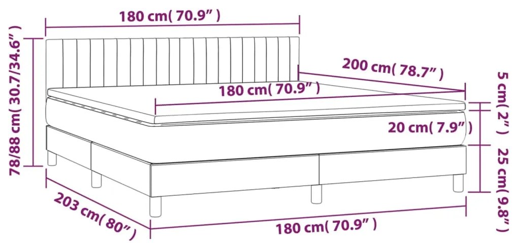 Cama box spring c/ colchão/LED 180x200cm tecido castanho-escuro