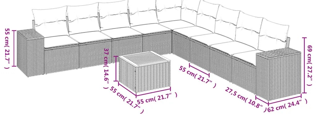 10 pcs conjunto de sofás p/ jardim com almofadões vime PE bege