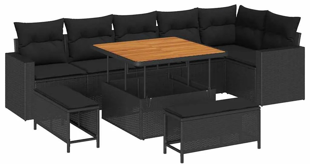 Sofá de Jardim com 9 Peças e Almofadas Pretas em Rattan Sintético e Ac