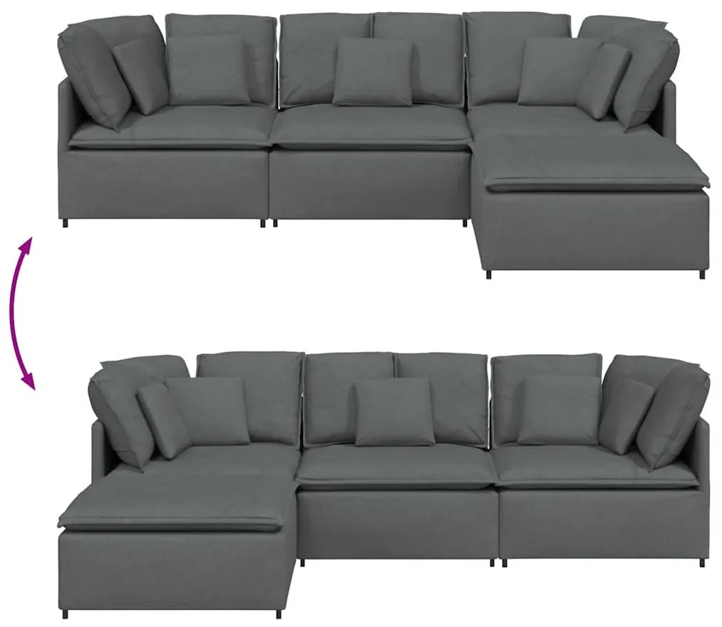 Sofá modular com pufes e almofadas tecido cinzento-escuro